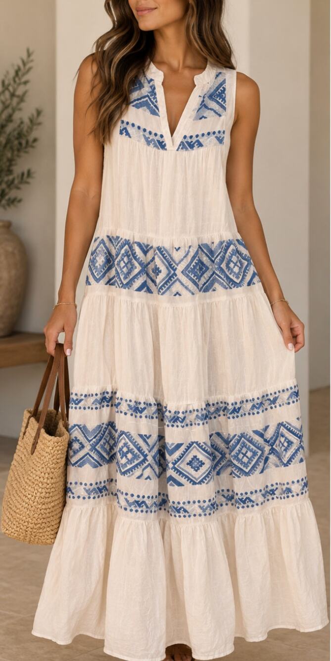 Haris Cotton White & Blue Tiered Maxi Dress - XS